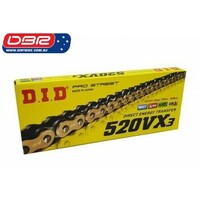 DID Australia Motorcycle Chain 520 : VX3 X-RING FB OFF ROAD CHAIN - GOLD/BLACK 120 LINK. CLIP LINK