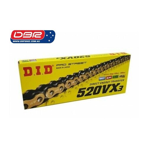 DID Australia Motorcycle Chain 520 : VX3 X-RING FB OFF ROAD CHAIN - GOLD/BLACK 120 LINK. CLIP LINK